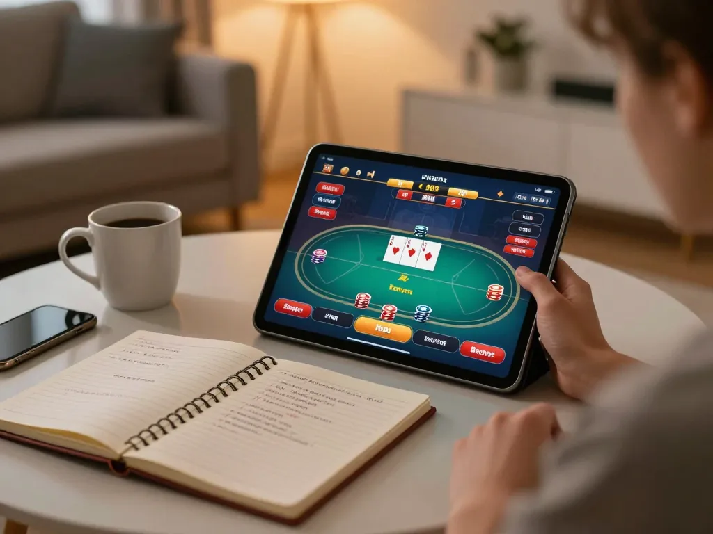 Engaging in online poker with the hit-club app in a cozy home setting.