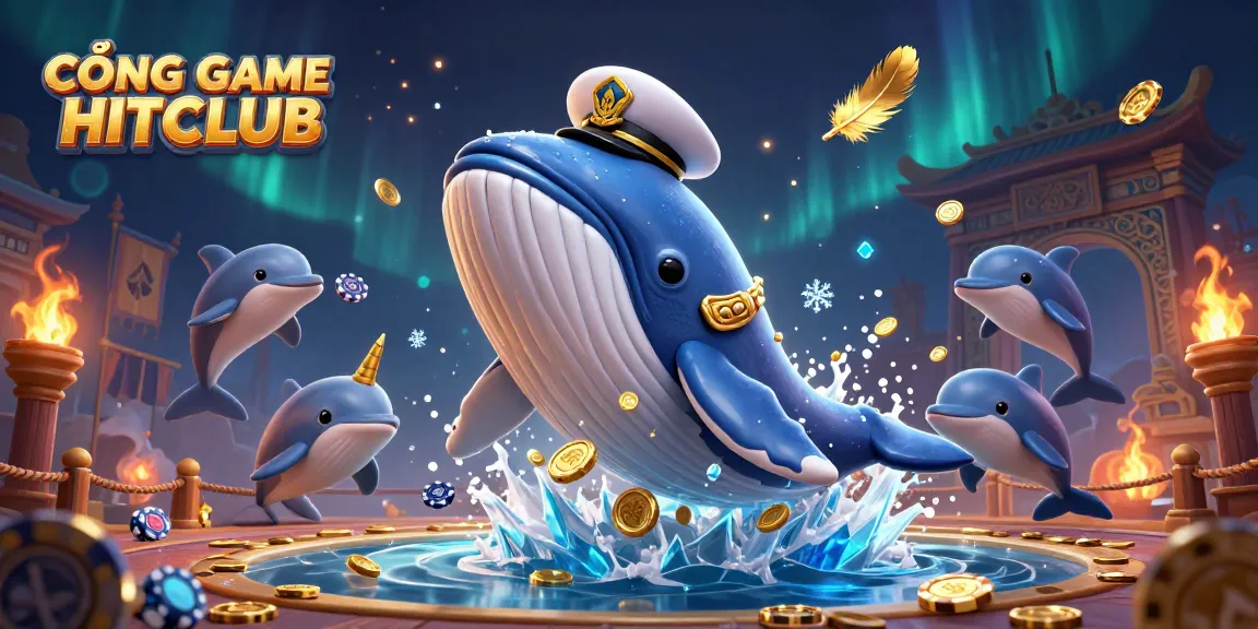 CỔNG GAME HITCLUB showcases a vibrant scene with a playful cartoon whale breaching gold coins, emphasizing gaming fun and excitement.
