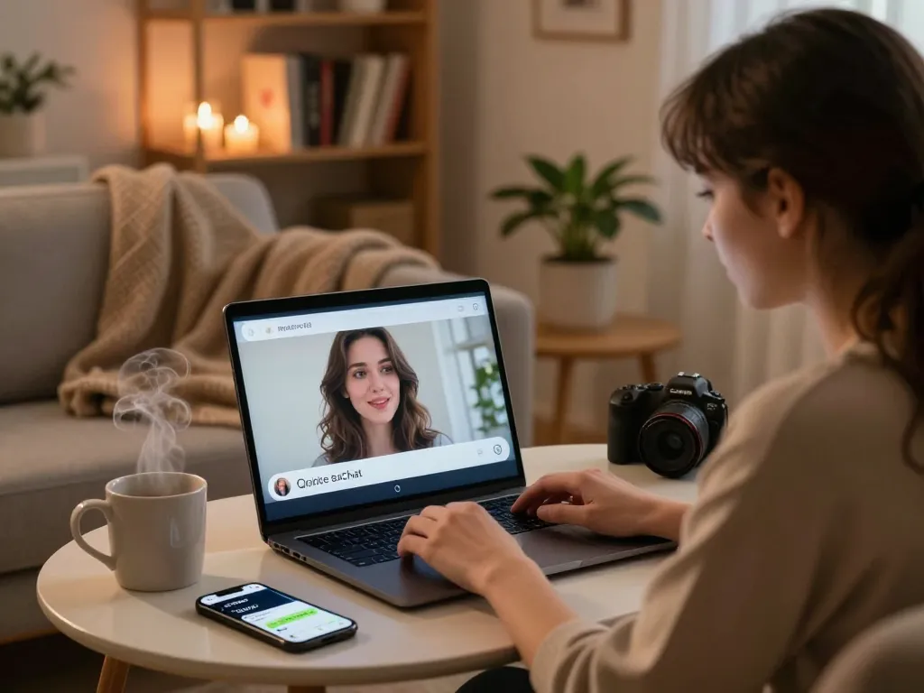 Engaging sex chat session in a cozy living room, featuring inviting atmosphere and digital connection.