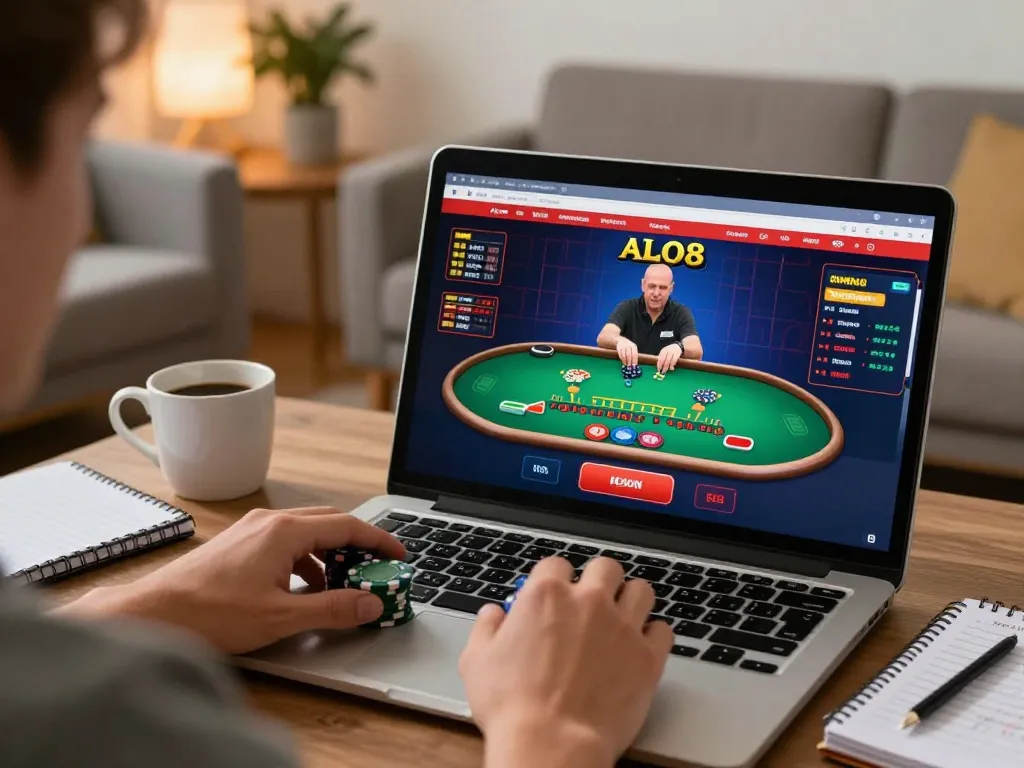 Player engaging with ALO8 live dealer blackjack on laptop for a thrilling online casino experience.