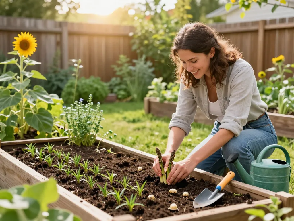 Growing asparagus in a home garden with lush plants and gardening tools.