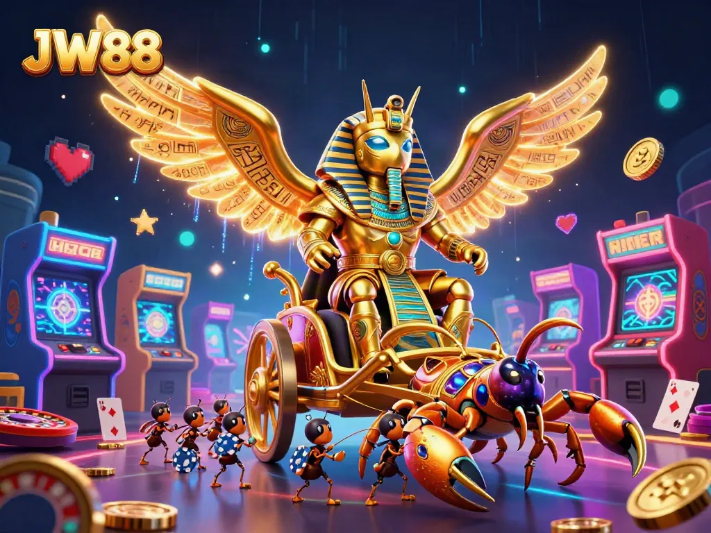 Engage with JW88, a lively chariot scene showcasing casino elements and vibrant 3D characters.