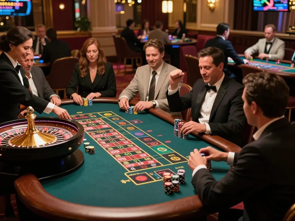 Players celebrating a win at the casino 98win roulette table with vibrant ambiance and engaging gameplay