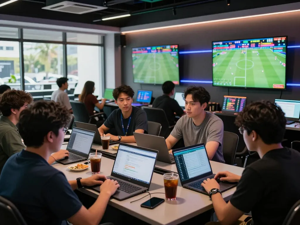 A dynamic sportsbook scene showcasing diverse bettors analyzing kèo nhà cái odds in a modern setting with live statistics and screens.