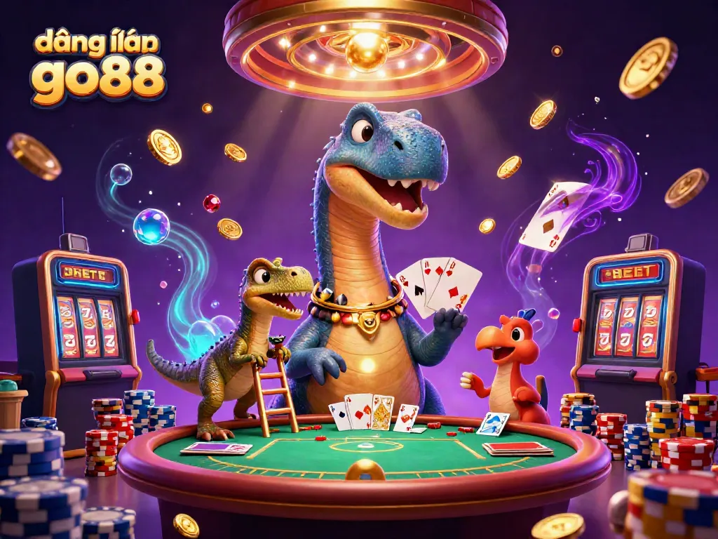 Engage in exciting gameplay at đăng nhập go88 with a massive brontosaurus overlooking a busy casino.