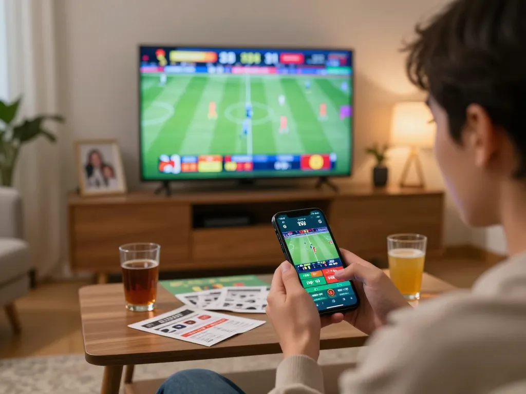 Xoilac user strategizing live sports betting with smartphone at home, showcasing an engaging betting atmosphere