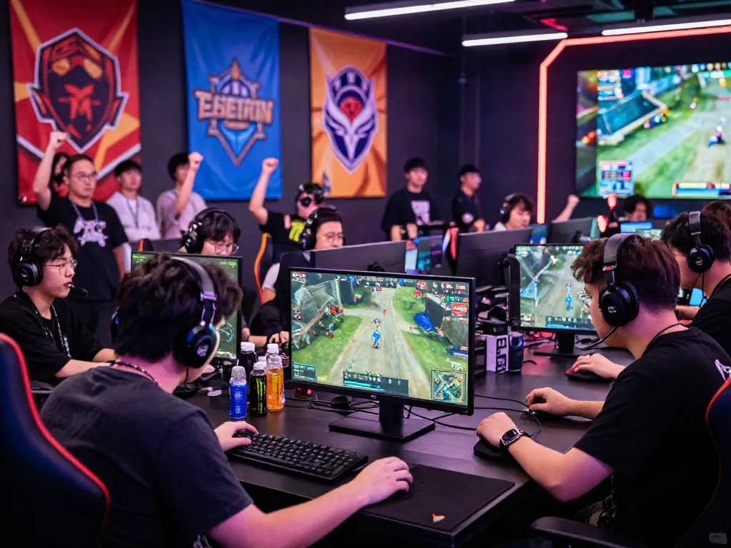 Intense 78win esports gaming scene with players focused in a vibrant arena.