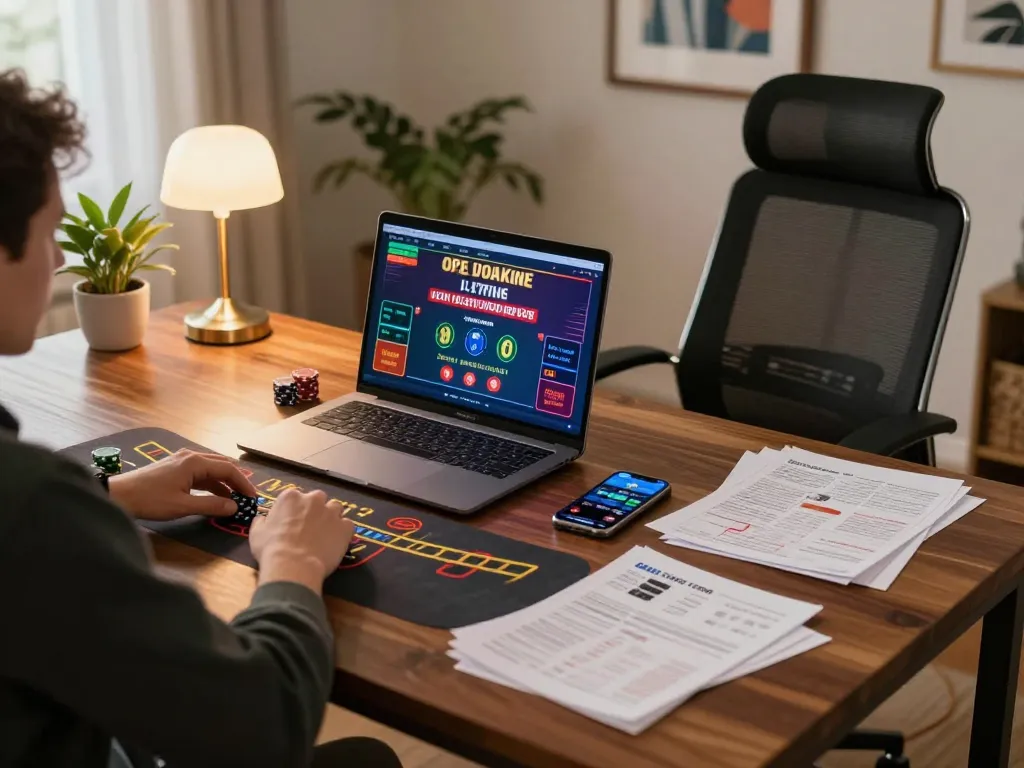 Excited player at home engaging in strategic blackjack gameplay with sc88 on laptop and notes.