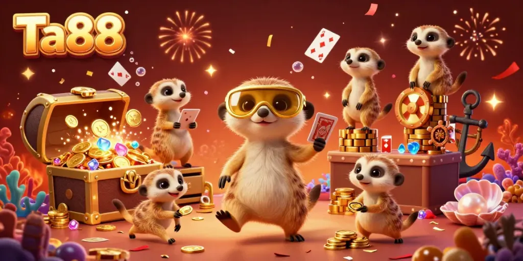 Meerkats operating an exciting Ta88 casino scene filled with gold coins, playing cards, and vibrant energy.
