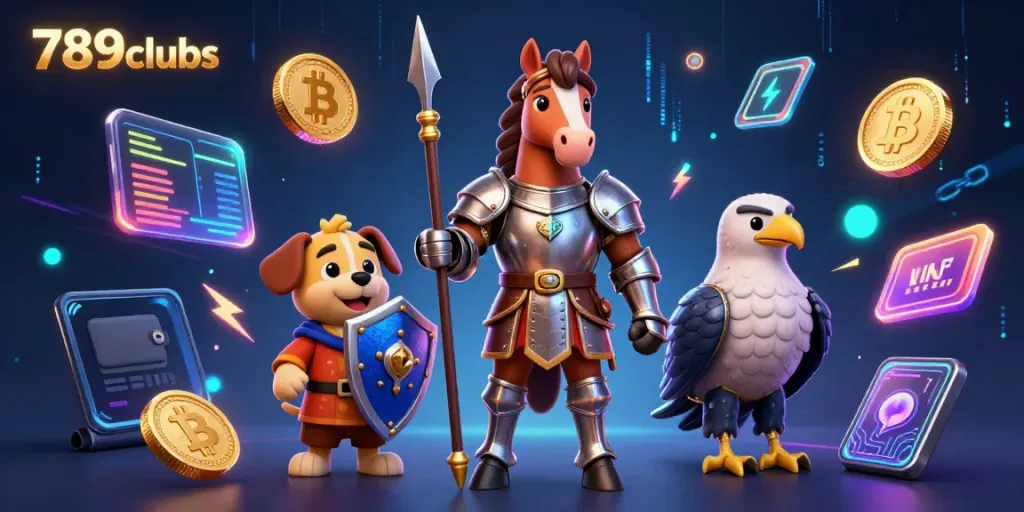 Immerse in the excitement of 789clubs with a knight, squire, and falcon amid digital casino elements.