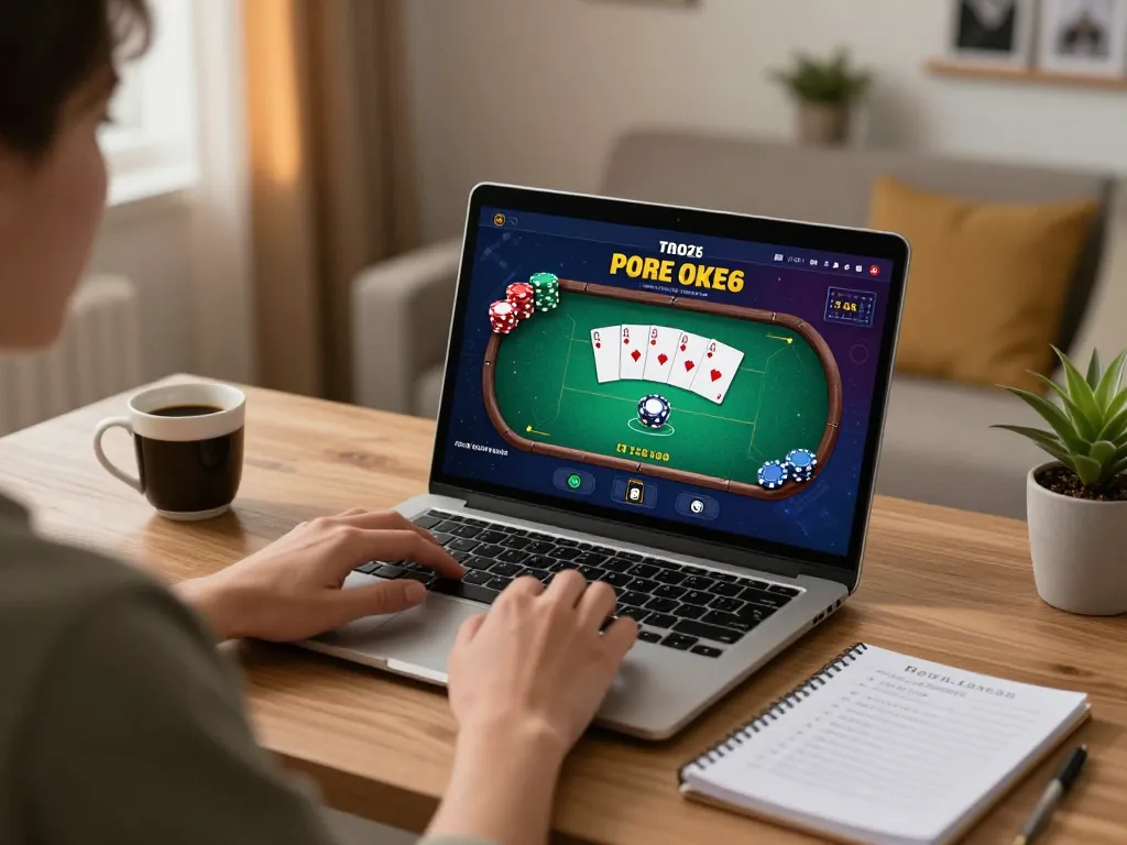 Player engaged in online gambling on FLY888, showcasing poker gameplay and strategic planning in a stylish home setting.