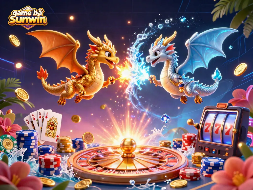Experience the thrill of game bài sunwin through a dazzling 3D scene featuring magical dragons and vibrant casino elements.