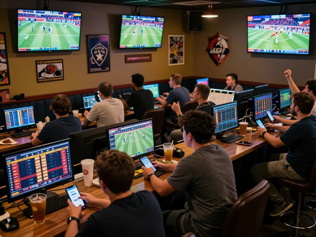 Sports fans engaging with mobile betting in a hitclub sports lounge during exciting game.