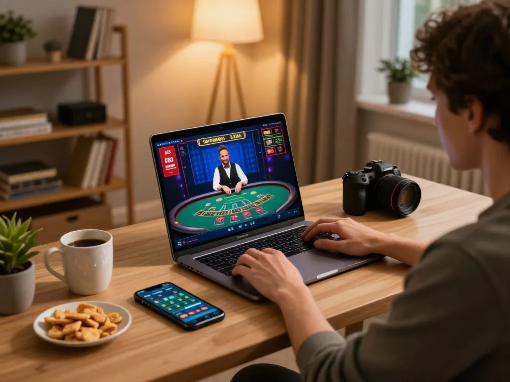 Engaging in online casino gameplay on Ko66 with live dealer blackjack, showcasing comfortable home environment