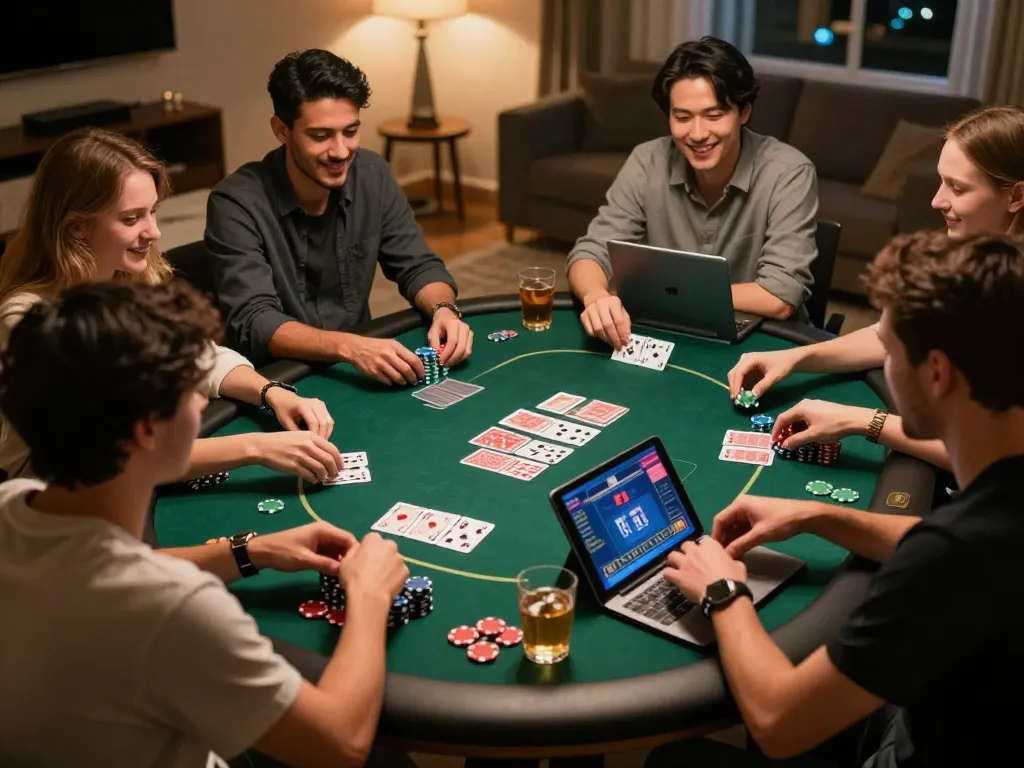 Players enjoying a lively online poker night at trang chủ MM88, chips stacked and cards dealt, showcasing strategic gameplay and camaraderie