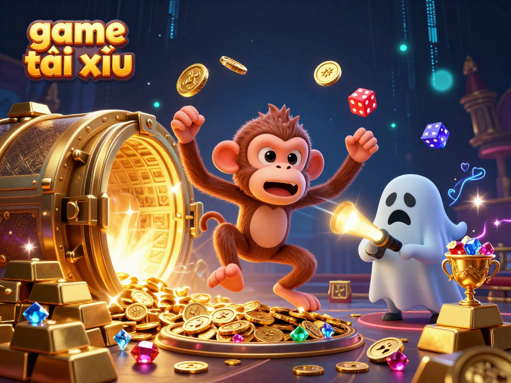 Experience the excitement of game tài xỉu with a dynamic scene of golden treasures and playful characters in a haunted casino.