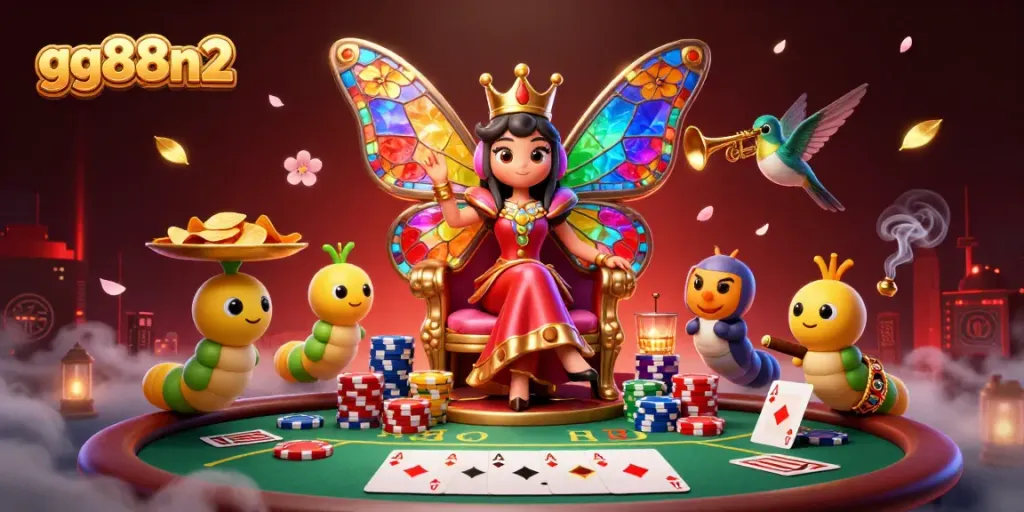 Engage in thrilling poker action at gg88n2 with a vibrant illustration featuring a butterfly queen.