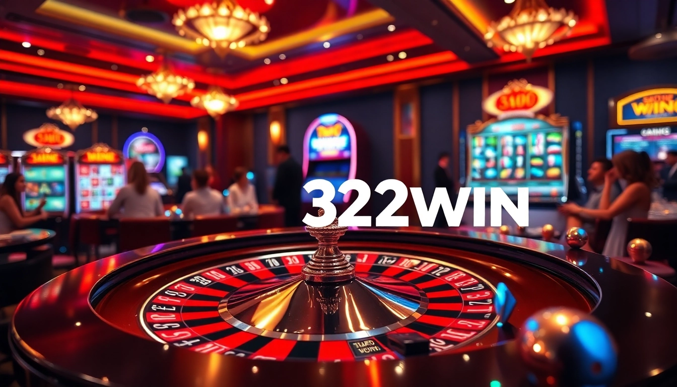 Exciting scene of 32WIN casino with roulette table and vibrant slot machines.