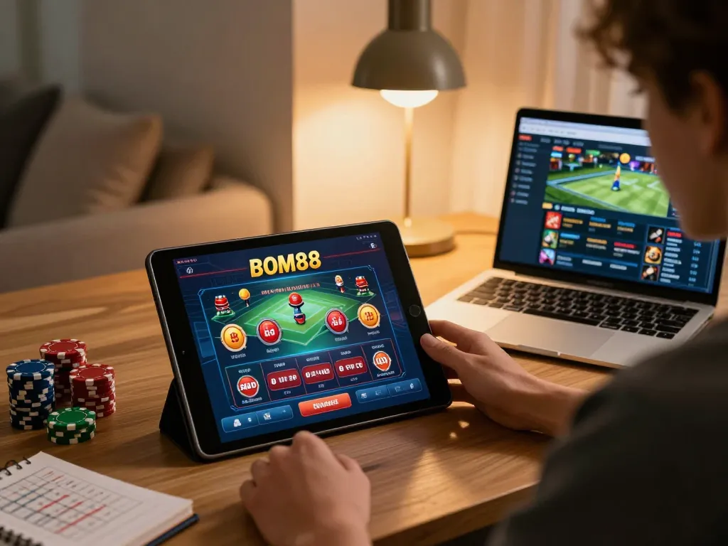 BOM88 player analyzing strategies on a tablet in a cozy home gaming setup.
