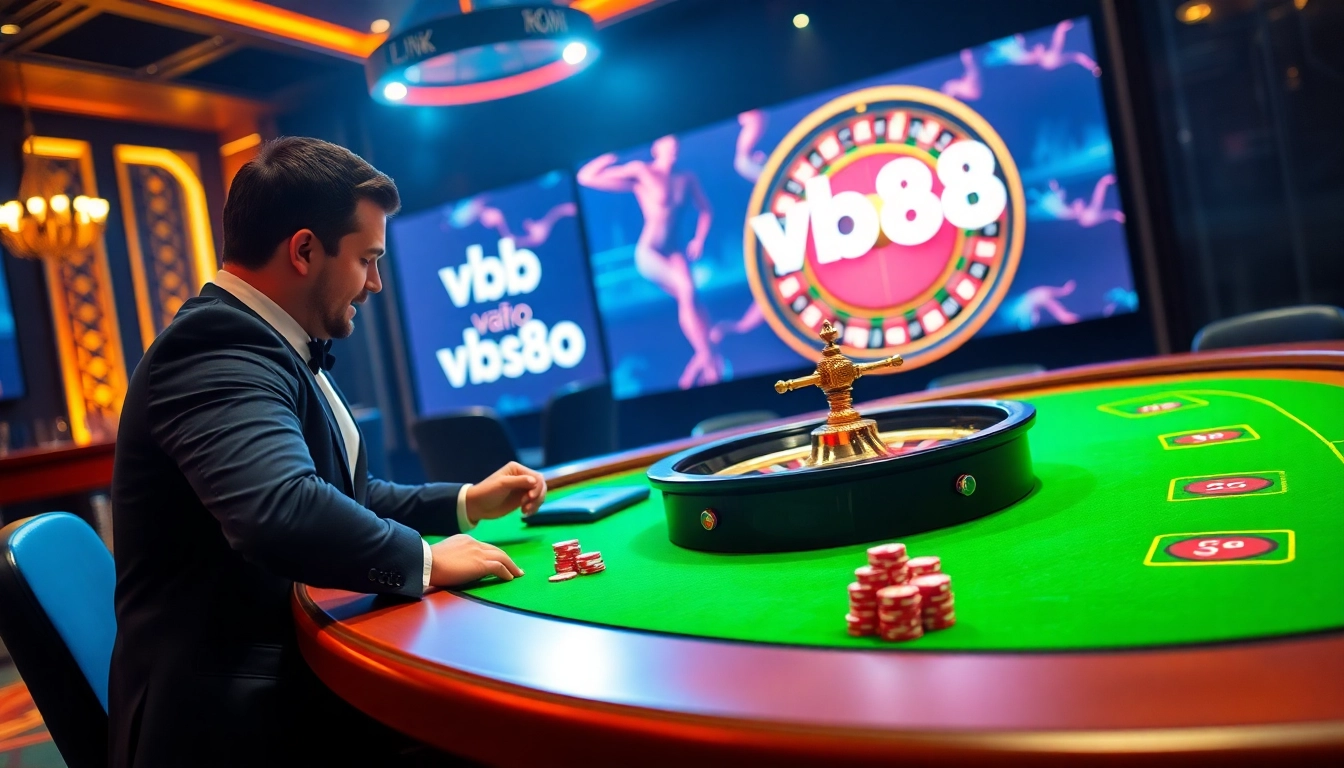Experience the thrill of gambling with Link vào vb88 as colorful chips are placed at a modern casino table.