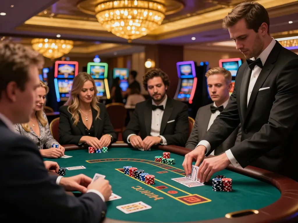Engaging players at a fabet blackjack table, showcasing vibrant chips and dynamic dealer action.
