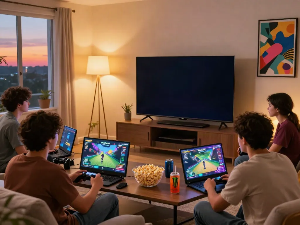 Friends enjoying ROKOK88 game offline in a cozy living room, showcasing excitement and collaboration.