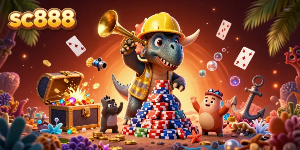 Experience an exciting gaming atmosphere at sc888 with a vibrant dinosaur scene celebrating wins and treasures.