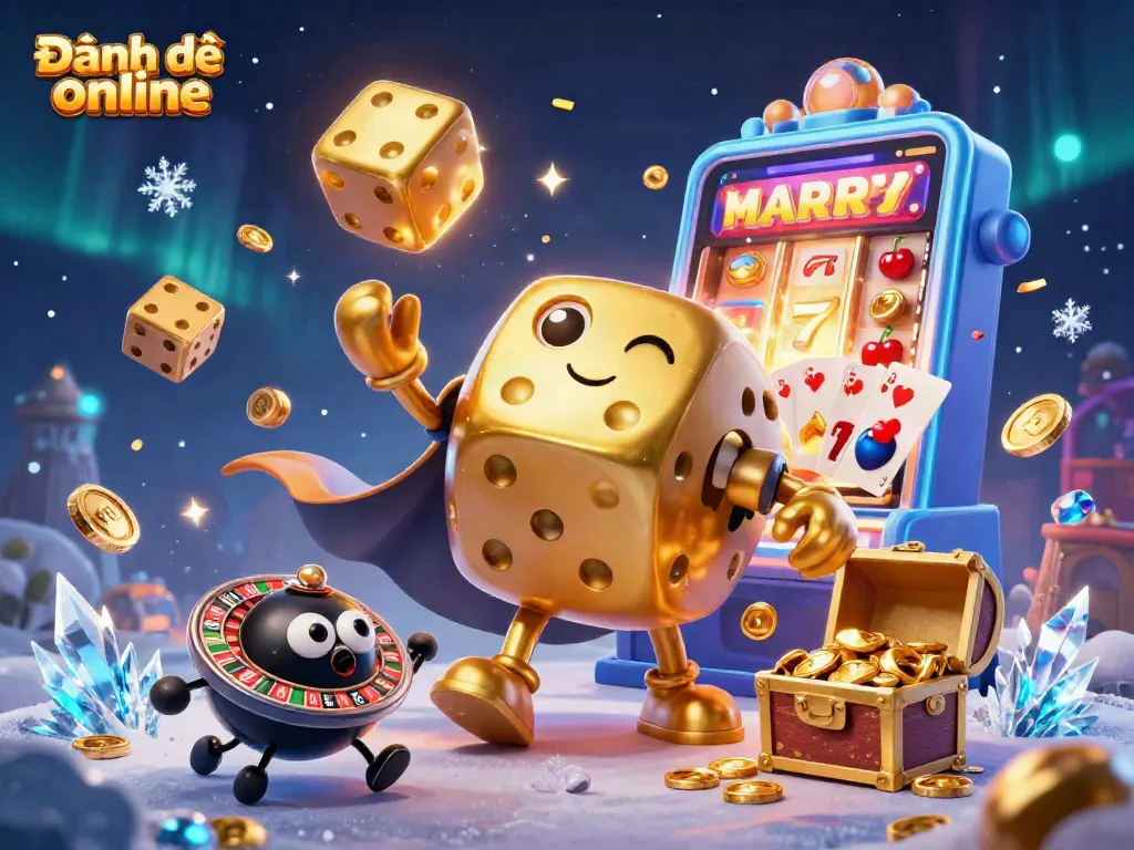 Engage in Đánh đề online with a vibrant 3D casino illustration showcasing golden dice and jackpots.