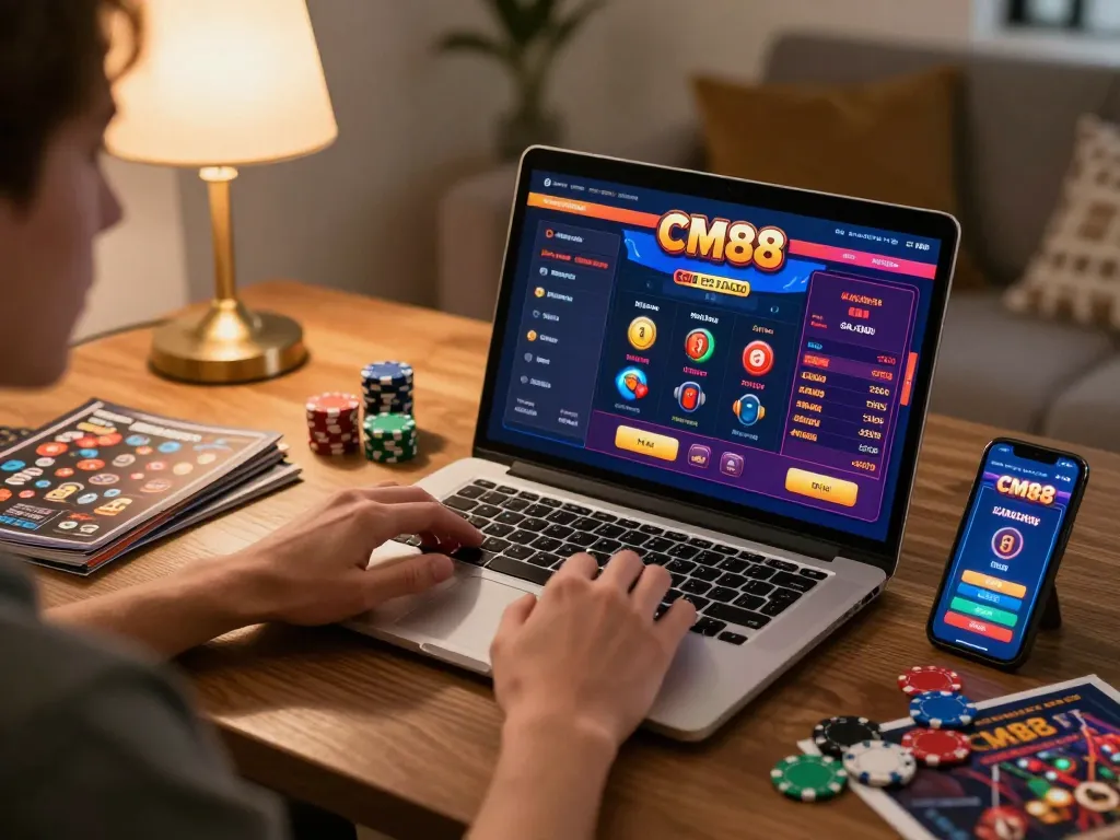 Engaging online gaming setup showcasing cm88 interface on laptop with cozy home atmosphere.