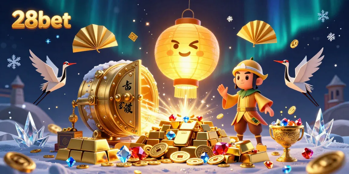 Win big with 28bet at an enchanting casino scene, featuring lucky symbols and treasure.