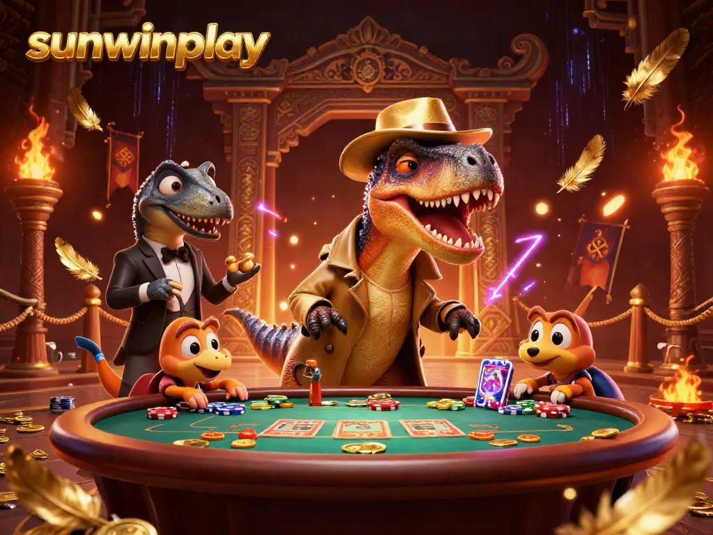 Engage in the thrilling casino world of sunwinplay featuring a velociraptor at a blackjack table.