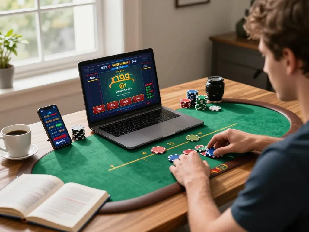 Player analyzes poker strategies while gaming online at 13win, showcasing an engaging home environment.