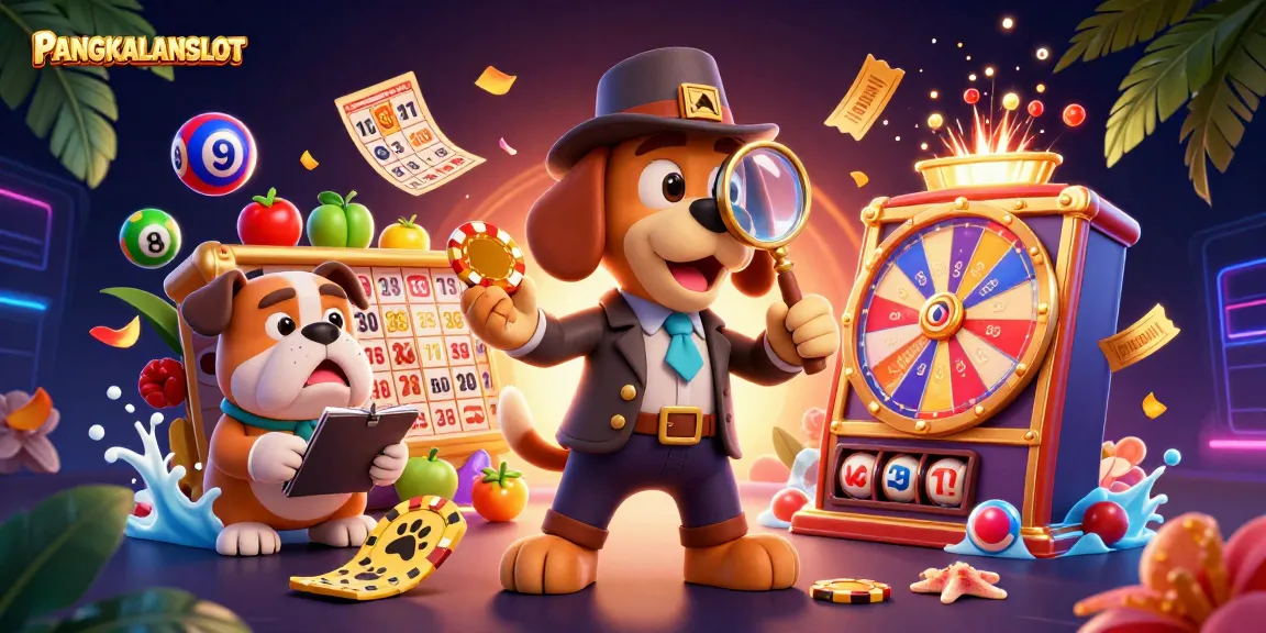 PANGKALANSLOT showcases a dynamic 3D scene of a detective examining poker chips, surrounded by slot reels and lottery elements.