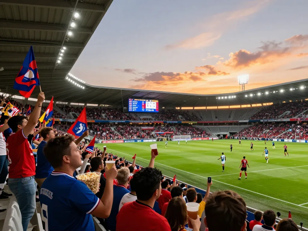 Excited fans cheering at a football stadium showcasing tỷ lệ kèo bóng đá updates.