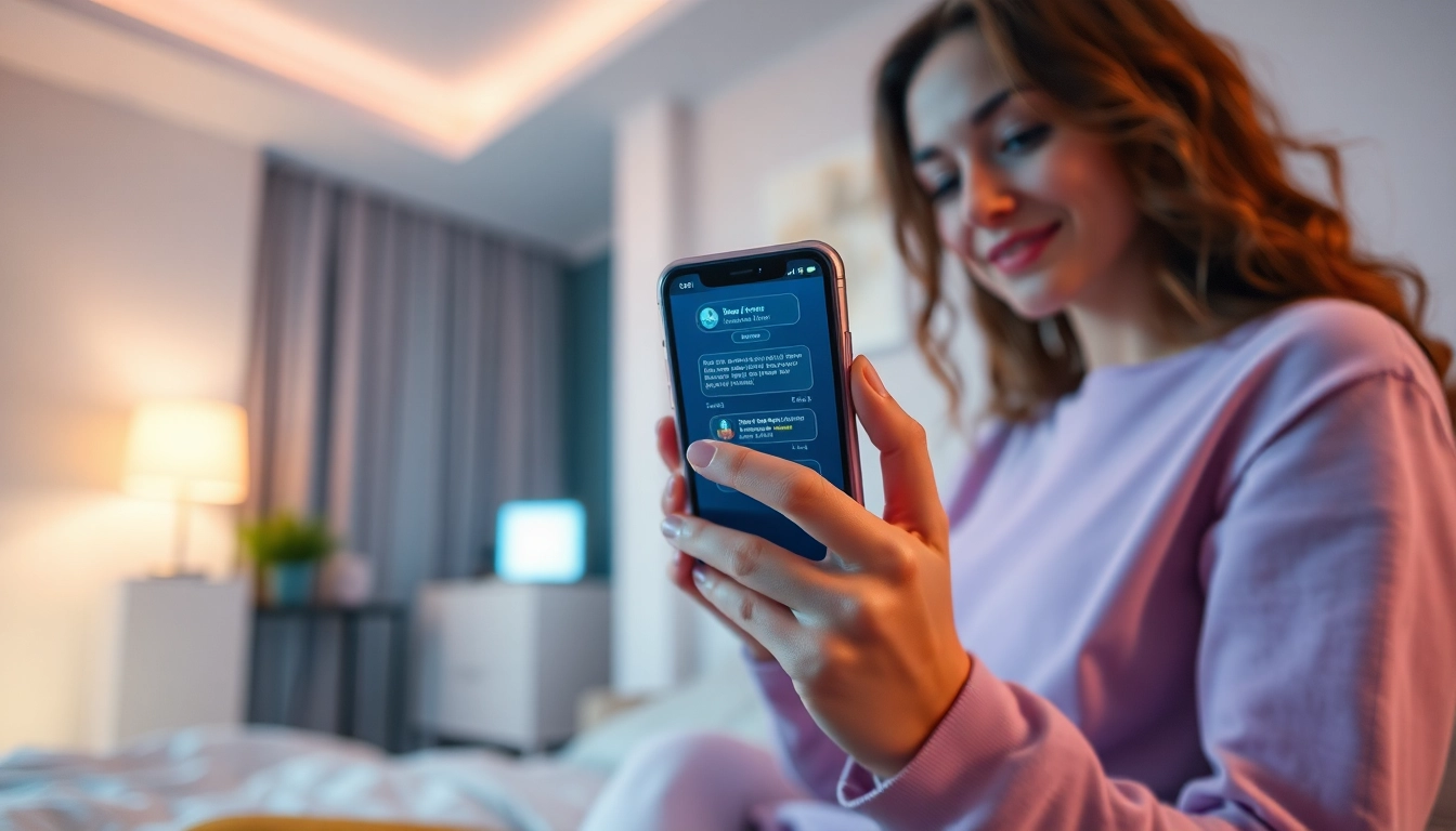 Sexting AI interaction in a cozy bedroom setting with ambient lighting and digital elements.