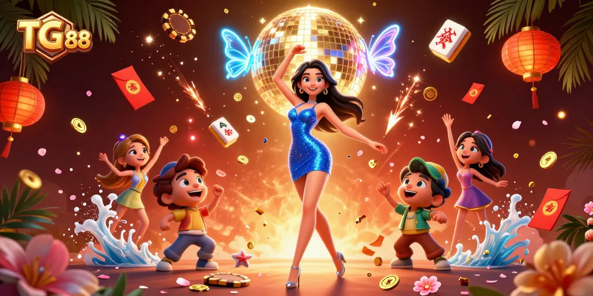 Spin the reels at TG 88 featuring vibrant gaming elements and a glamorous dancer.