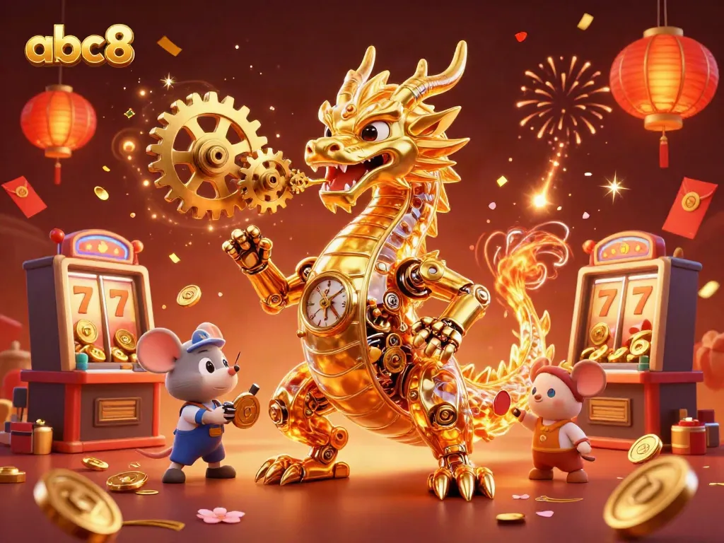 Experience the thrill at abc8 with golden dragons, slot machines, and festive elements combined.