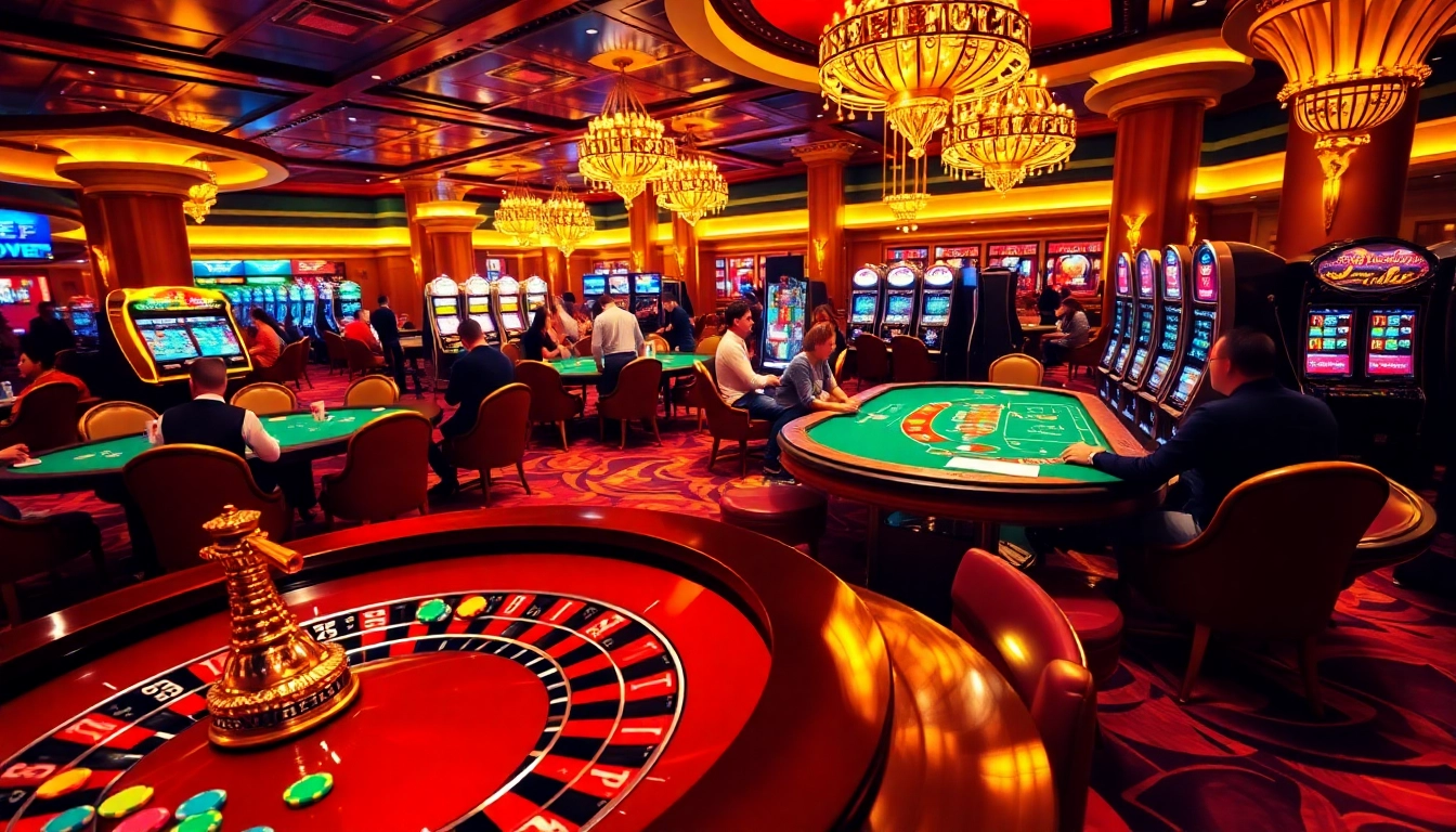 A thrilling casino atmosphere with players enjoying tables and slots, capturing the essence of https://debet66.com/ gaming excitement.