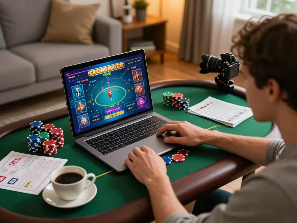 Engaging gameplay on JJun88 online casino platform, showcasing strategic decisions and a cozy setting.