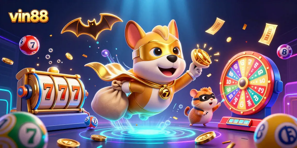 Win exciting prizes with vin88 in a vibrant, dynamic casino-themed 3D illustration.