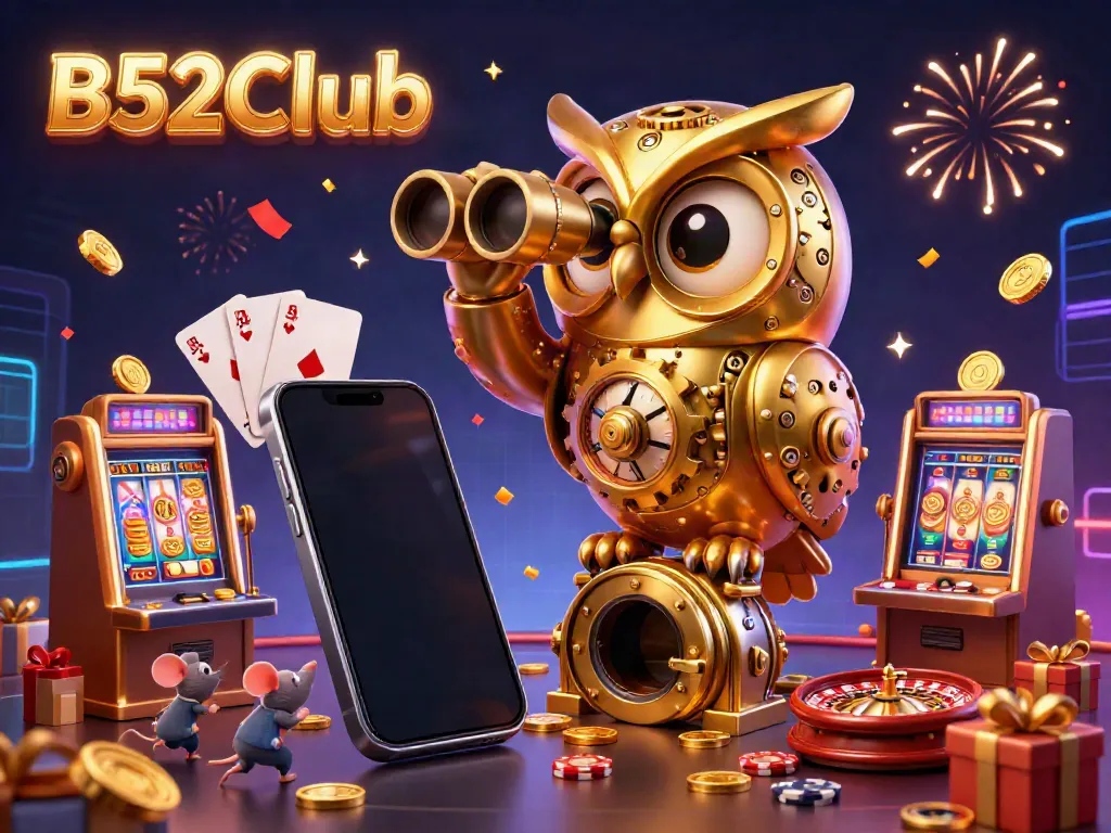 Immerse in B52CLub casino action with a vibrant owl overseeing a dynamic slot scene.