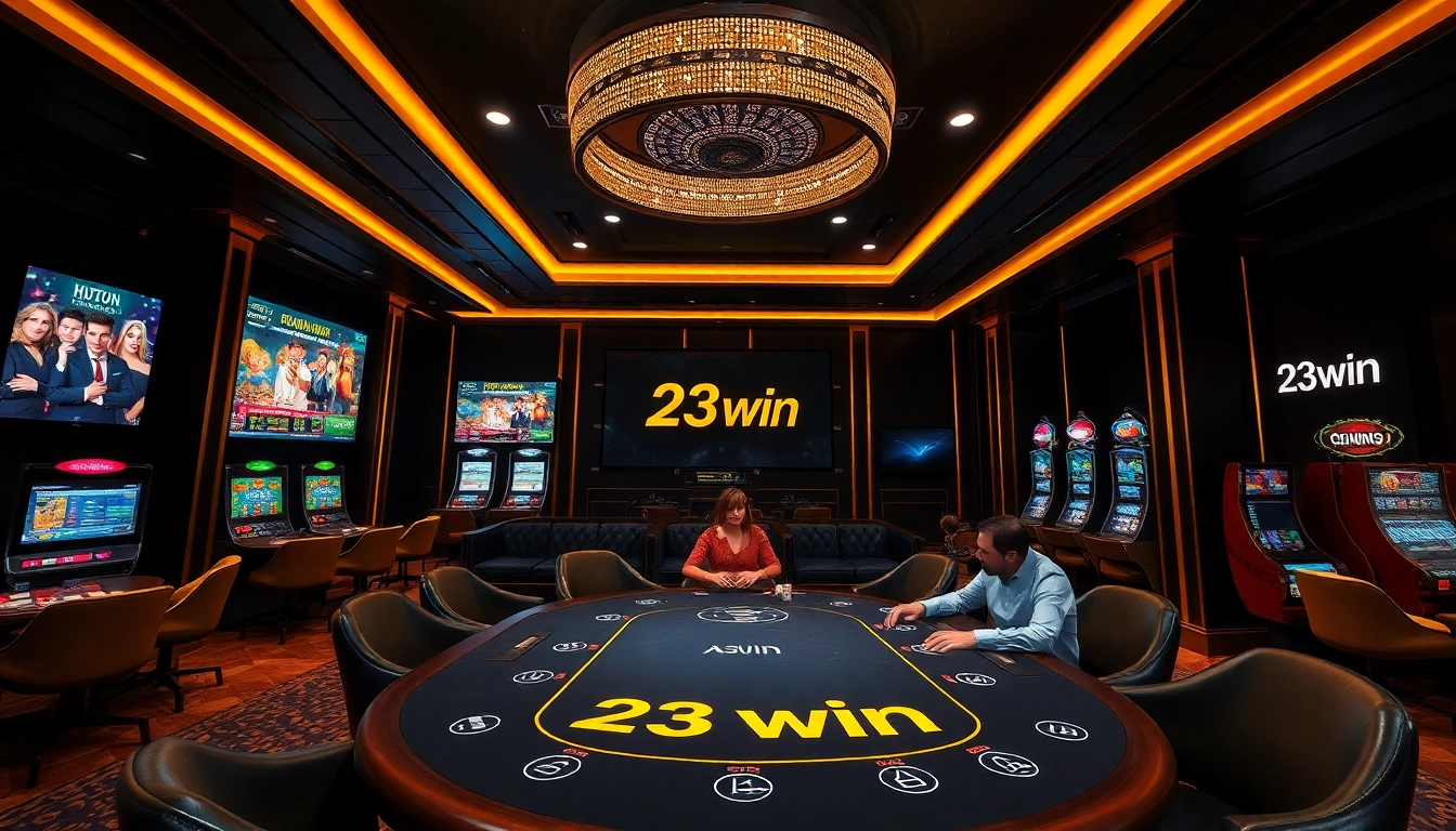 Experience the luxurious ambiance of 23win's online casino with elegant gaming tables and vibrant slot machines.
