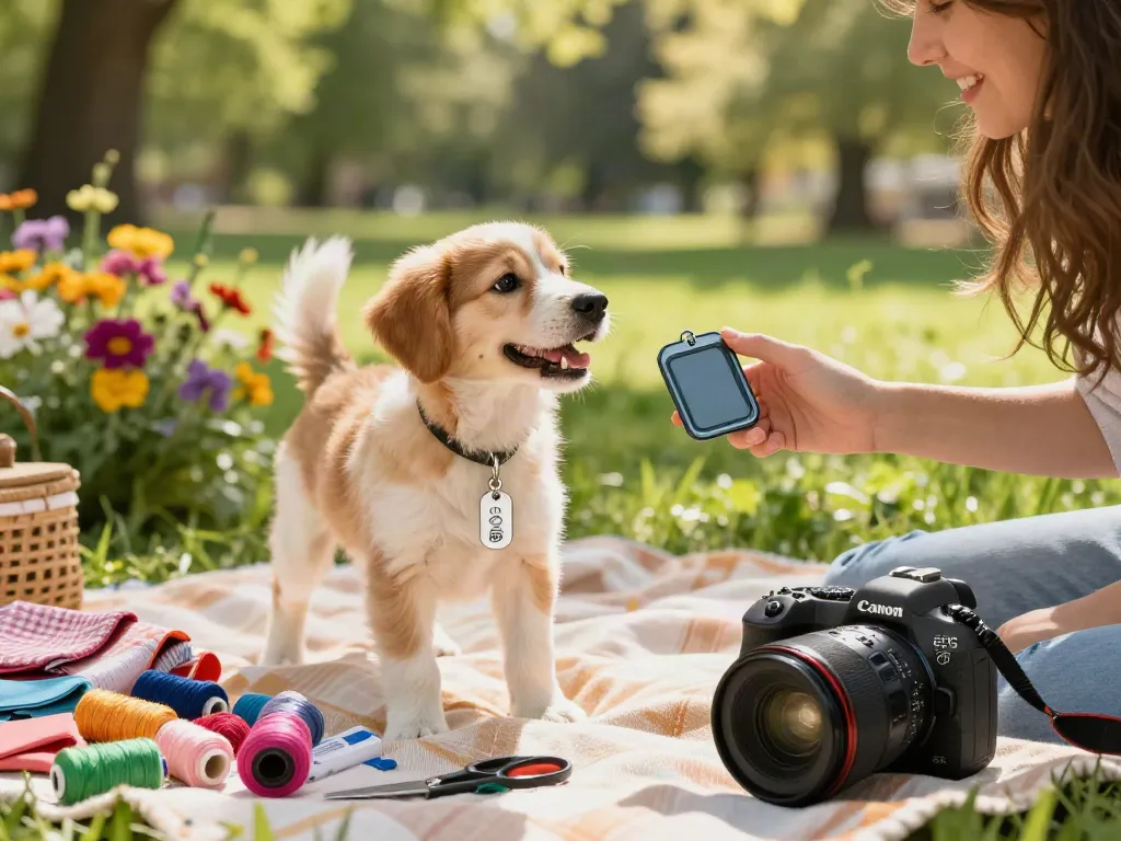 Aangename scène met een blije hond met een gepersonaliseerde hondenpenning naam, omringd door kleurrijke bloemen in het park.