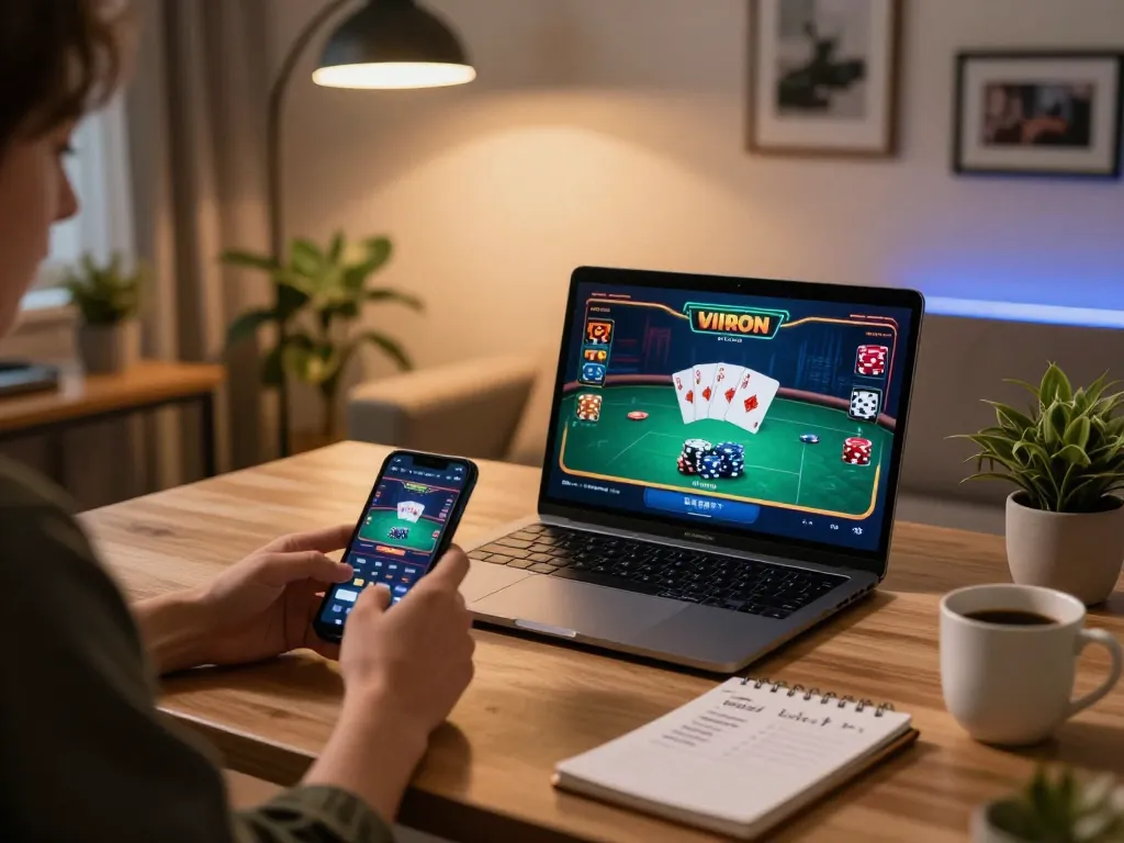 Alo8 Center player enjoying online poker action with strategy notes and smartphone beside a laptop.