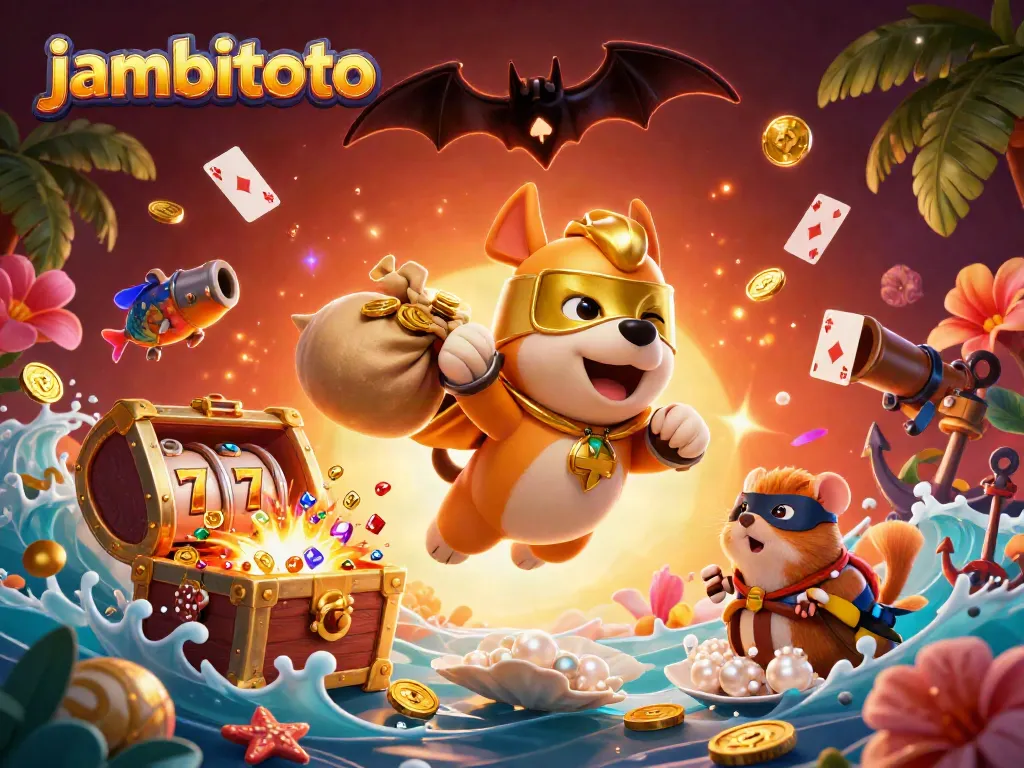Experience the thrilling vibe of jambitoto with a superhero dog and sidekick in a vibrant casino scene.