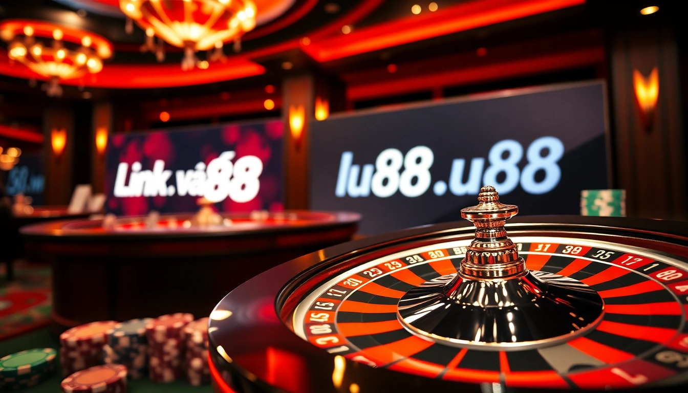 Energetic casino scene emphasizing Link vào lu88, featuring roulette wheel and poker chips.