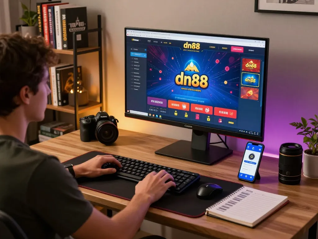 Engaging with dn88 online gaming interface on a laptop in a stylish home setup