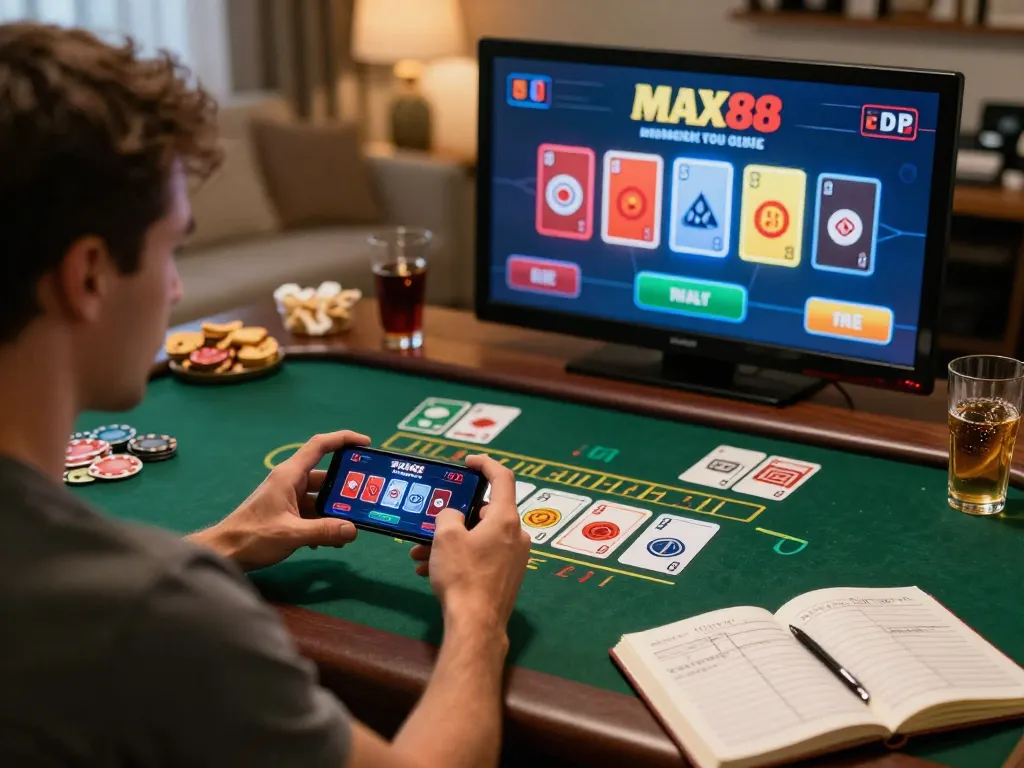 Player enjoying blackjack at MAX88 online casino on smartphone in relaxed home setting.
