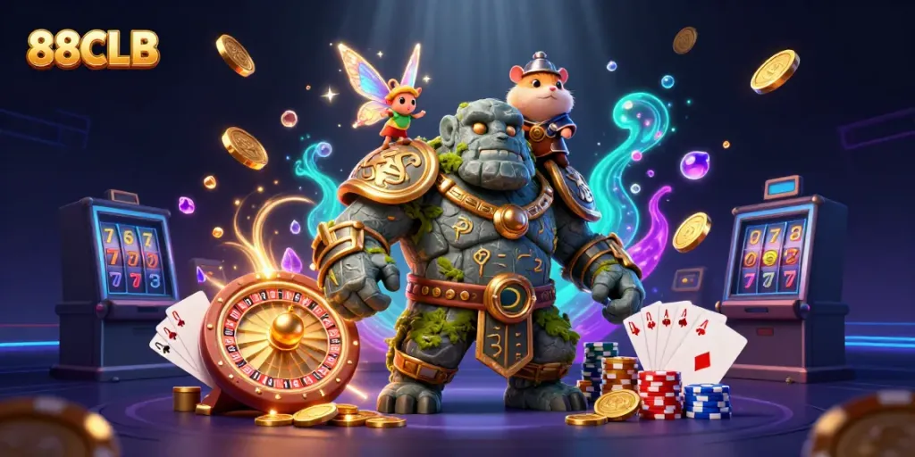 Experience thrilling gaming with 88CLB, featuring vibrant characters and sparkling casino elements.