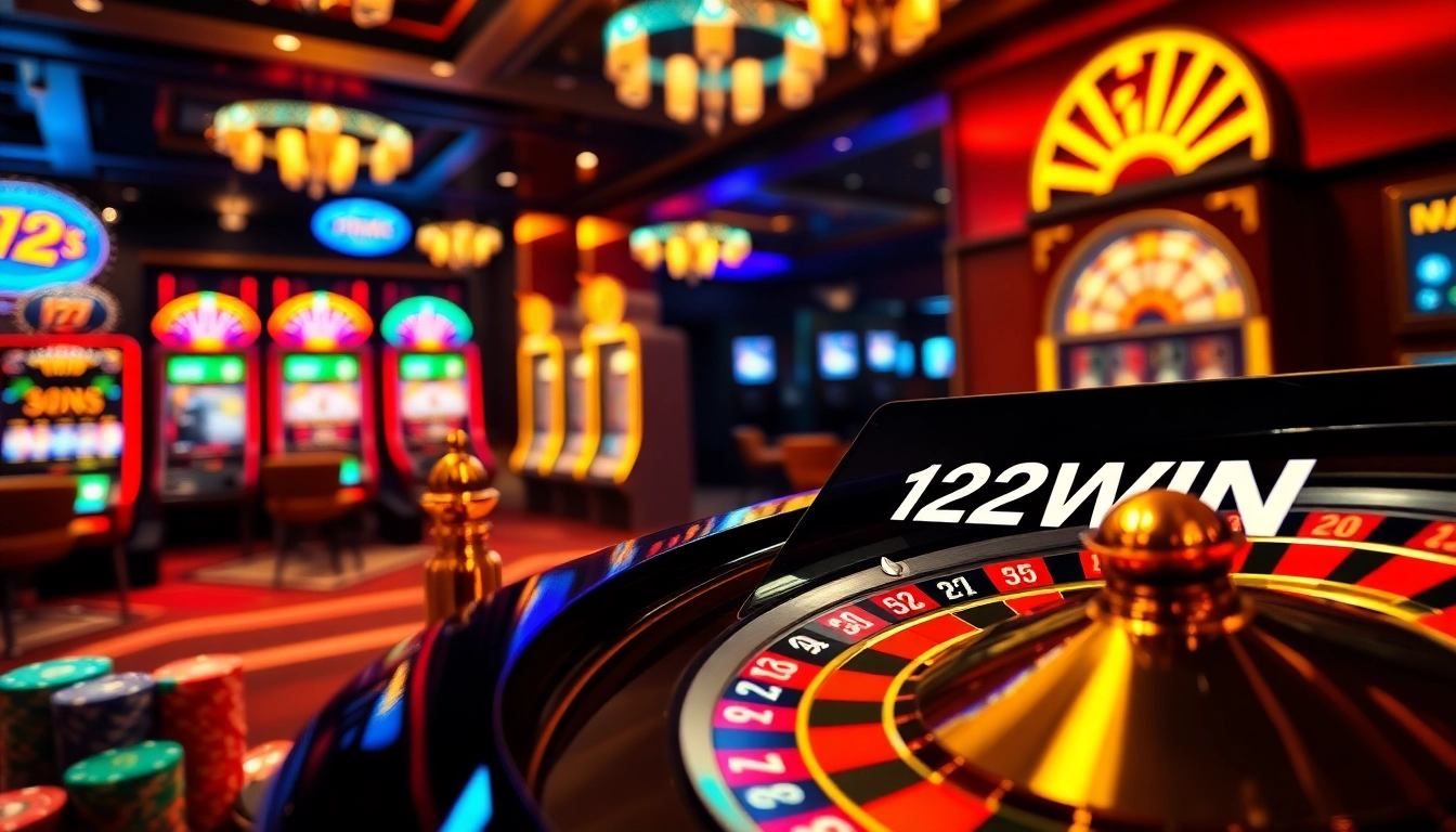 Experience the thrill of 123WIN at a luxurious casino, featuring vibrant games and poker chips.